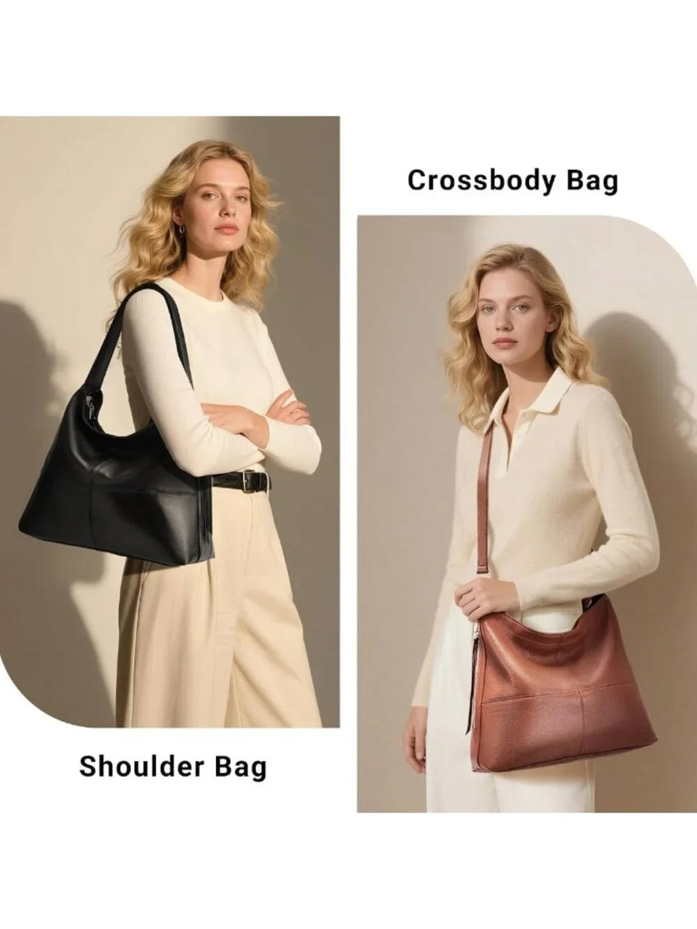 Stylish Genuine Leather Hobo Bag for Women - Versatile Crossbody & Tote with 2